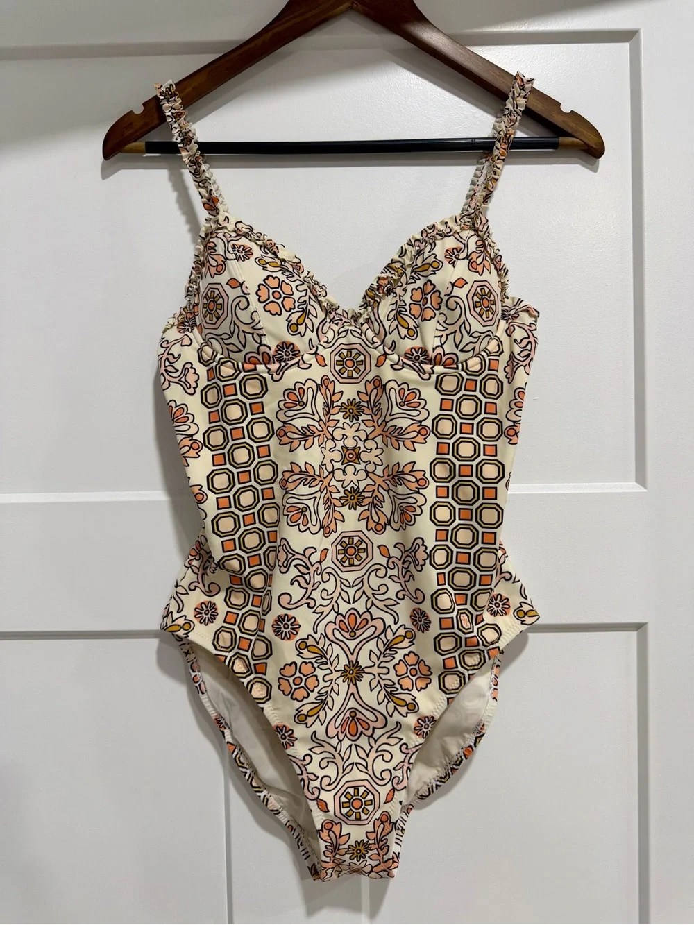Tory Burch Cream One-Piece Swimsuit with Orange and Brown Floral Tile Print